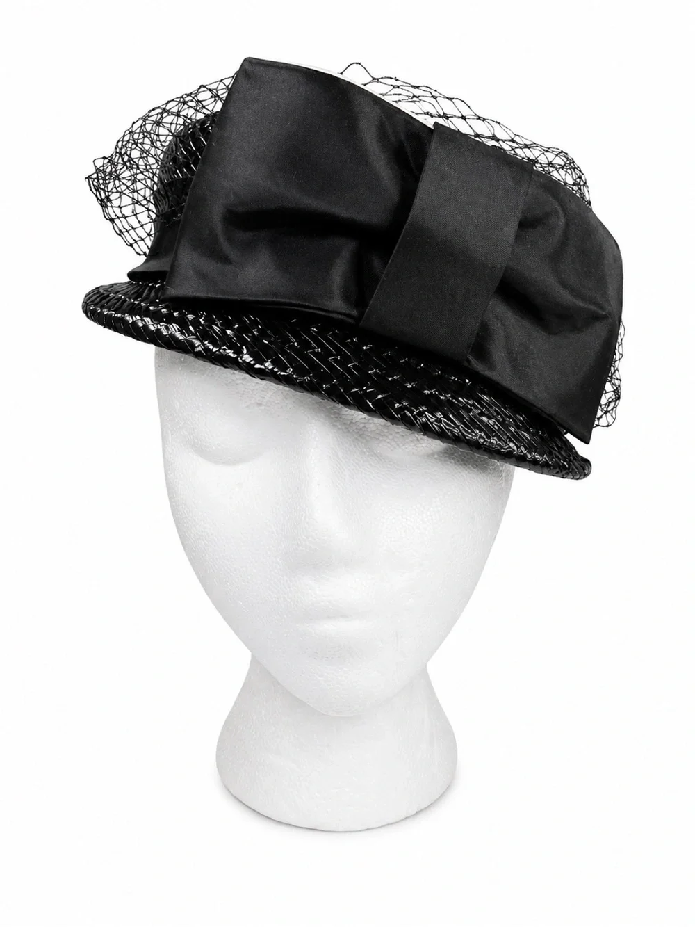 VTG 1960s Hats by Dayle Black Woven Straw Pillbox Hat Bow Veil